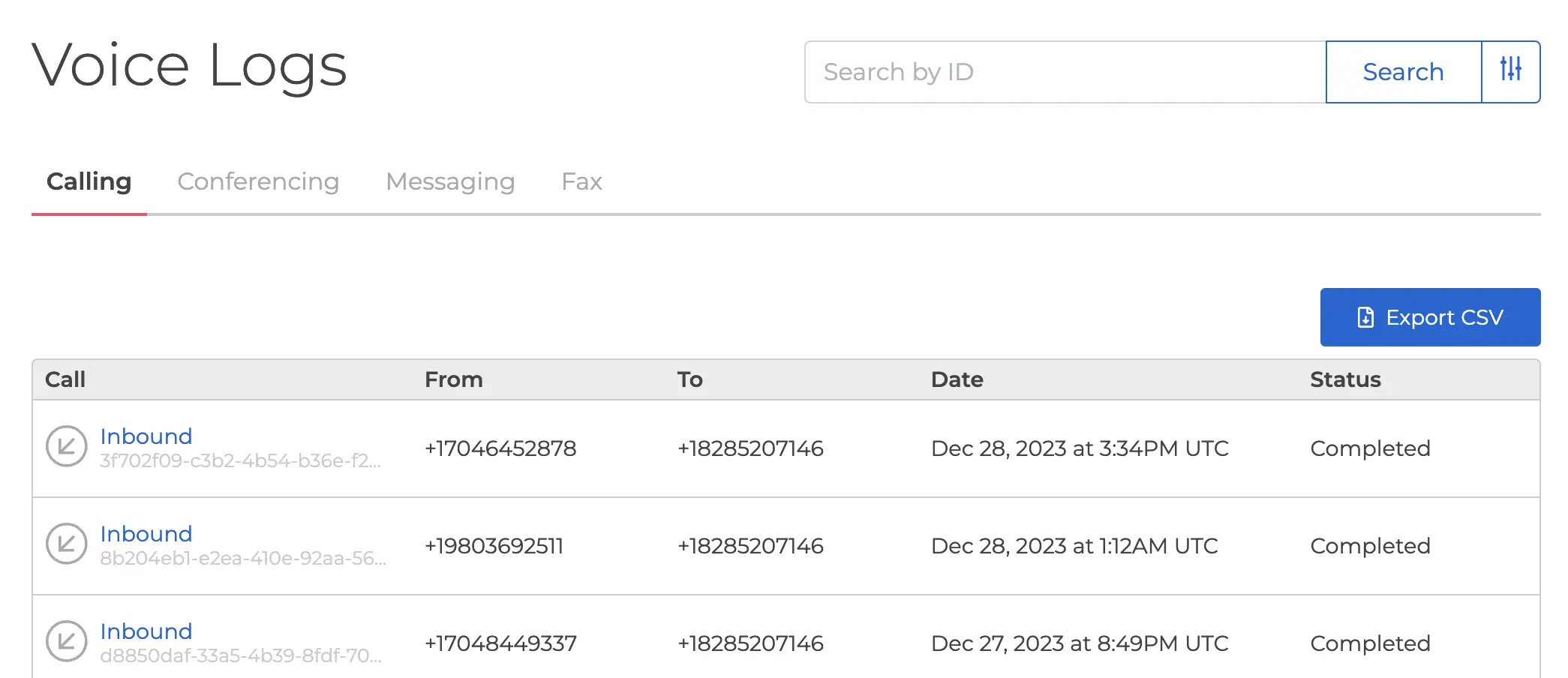 A screenshot of the Calling logs tab showing Resource IDs.